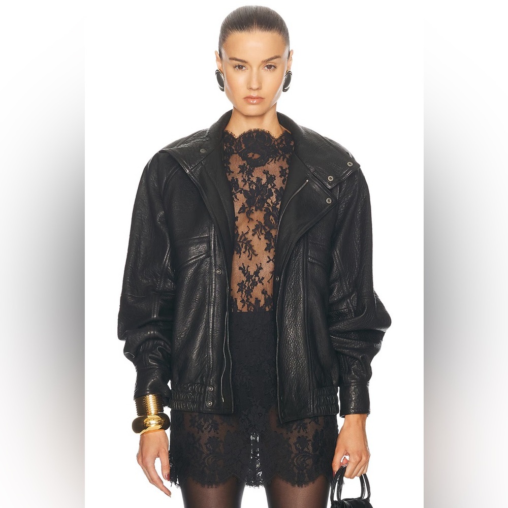 SAINT LAURENT Leather Jacket Stand Collar Runway Black Leather Bomber 2025 - Picture 3 of 17